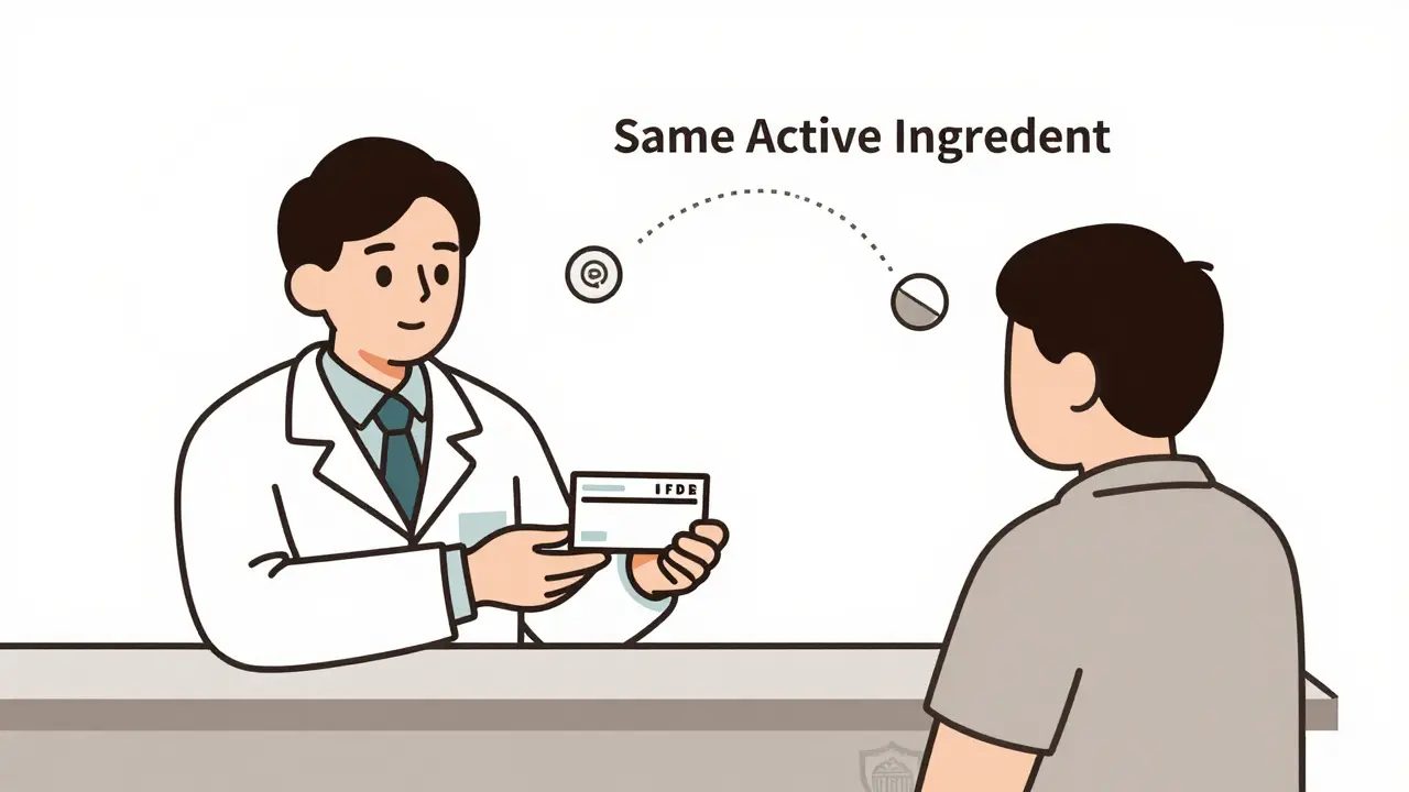 Pharmacist handing prescription as two identical pills float above, labeled brand and generic.