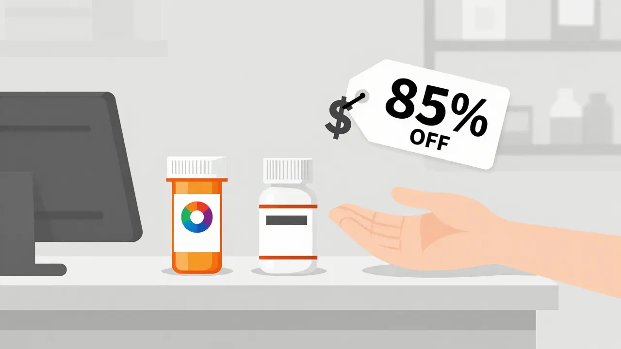 Pharmacy counter with two prescription bottles, one labeled with brand logo, the other plain, with a large discount tag.