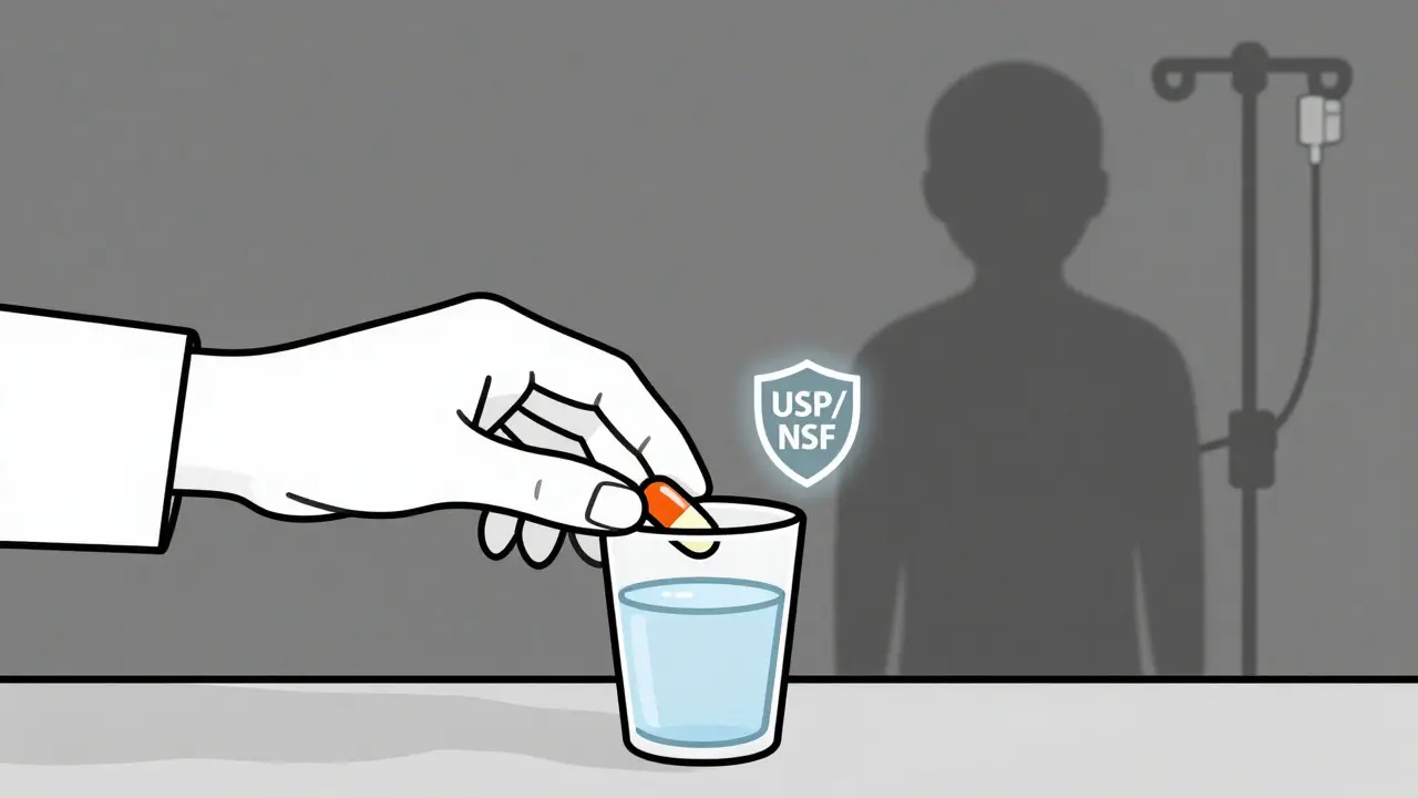 Probiotic capsule being taken with water, hospital patient in background, safety seal glowing beside glass.