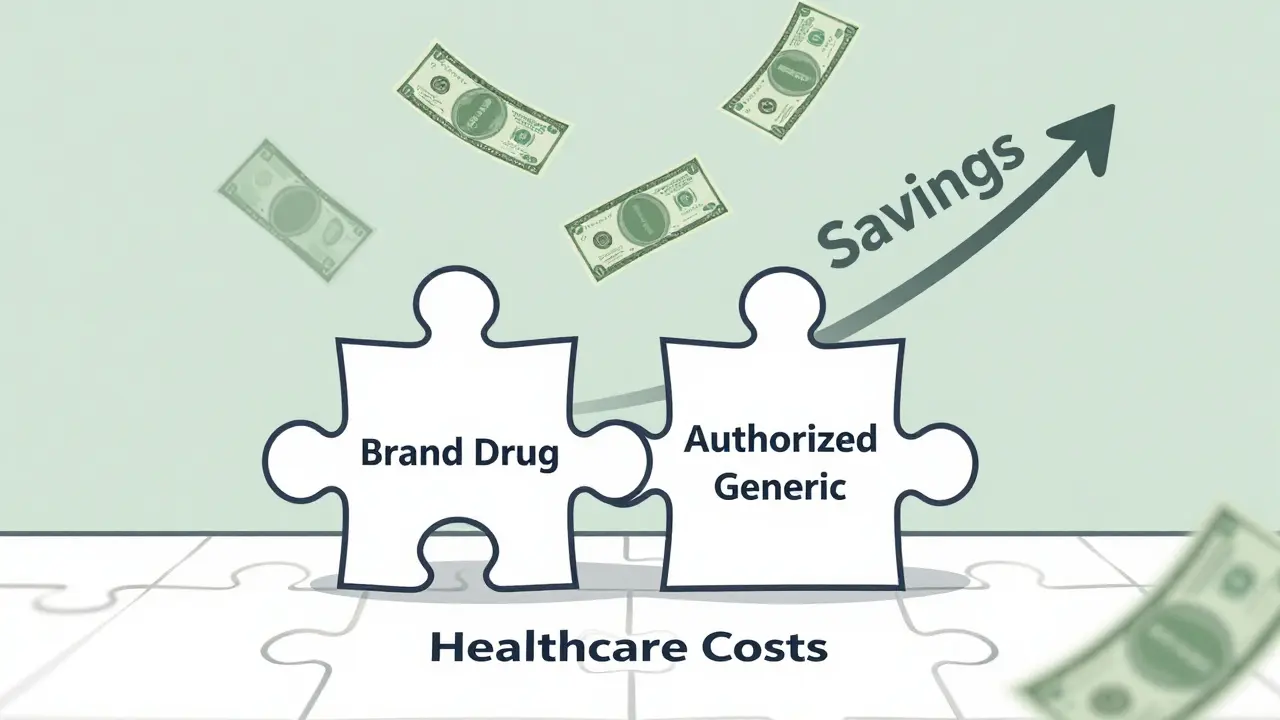 Puzzle piece labeled 'Brand Drug' replaced by 'Authorized Generic' with rising savings arrow in background.