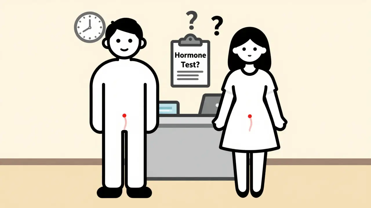 Side-by-side male and female figures with declining hormone lines, beside a doctor's office with a 90-day clock.