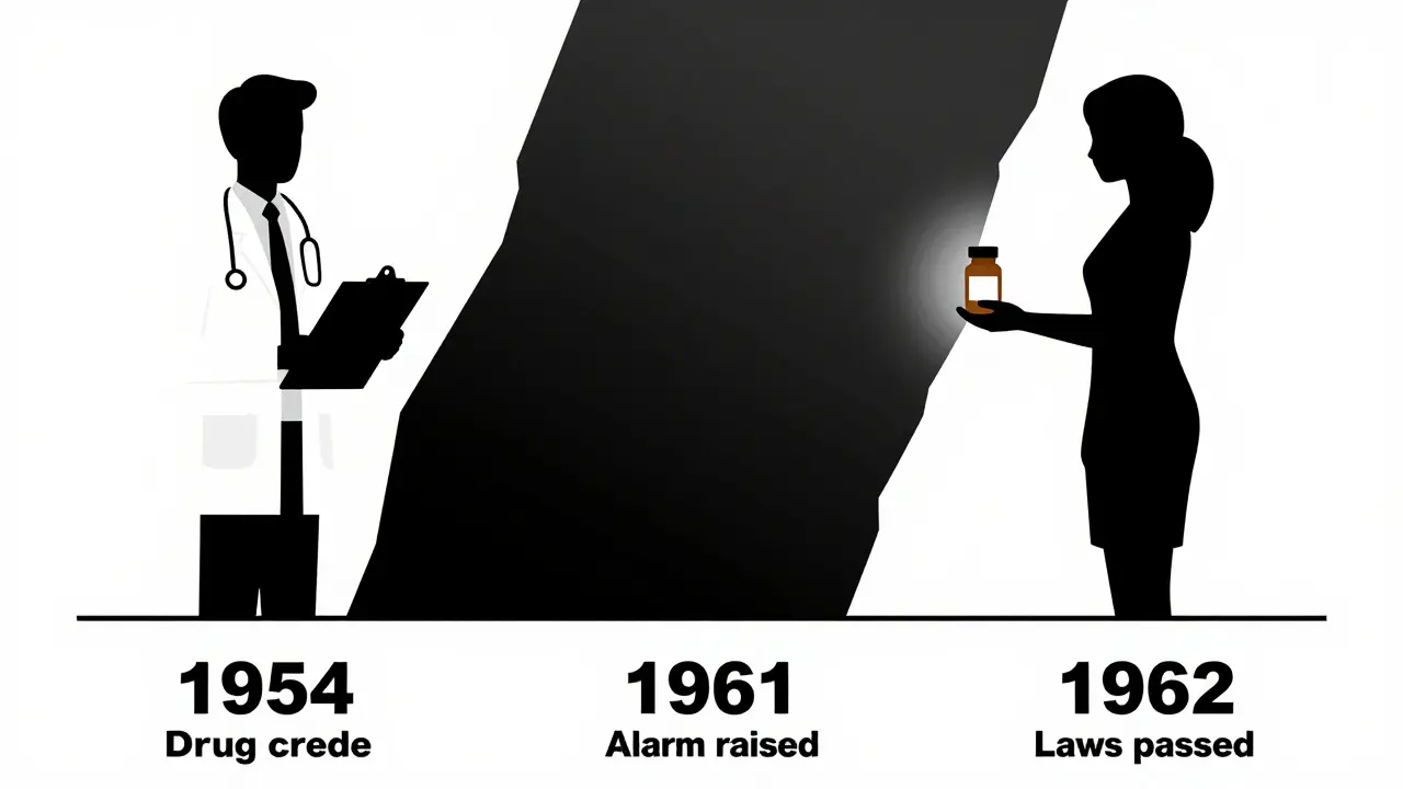 Silhouettes of a doctor and patient separated by a dark gap, with a timeline showing key events in the thalidomide tragedy.