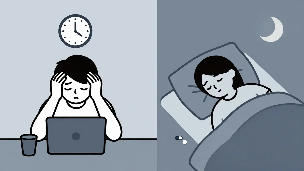 Split scene: person dizzy at work vs. peaceful sleep with pill beside bed.