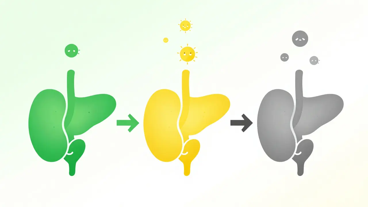 Three abstract stages of Type 1 diabetes progression, shown as fading pancreas silhouettes with floating autoantibody icons.