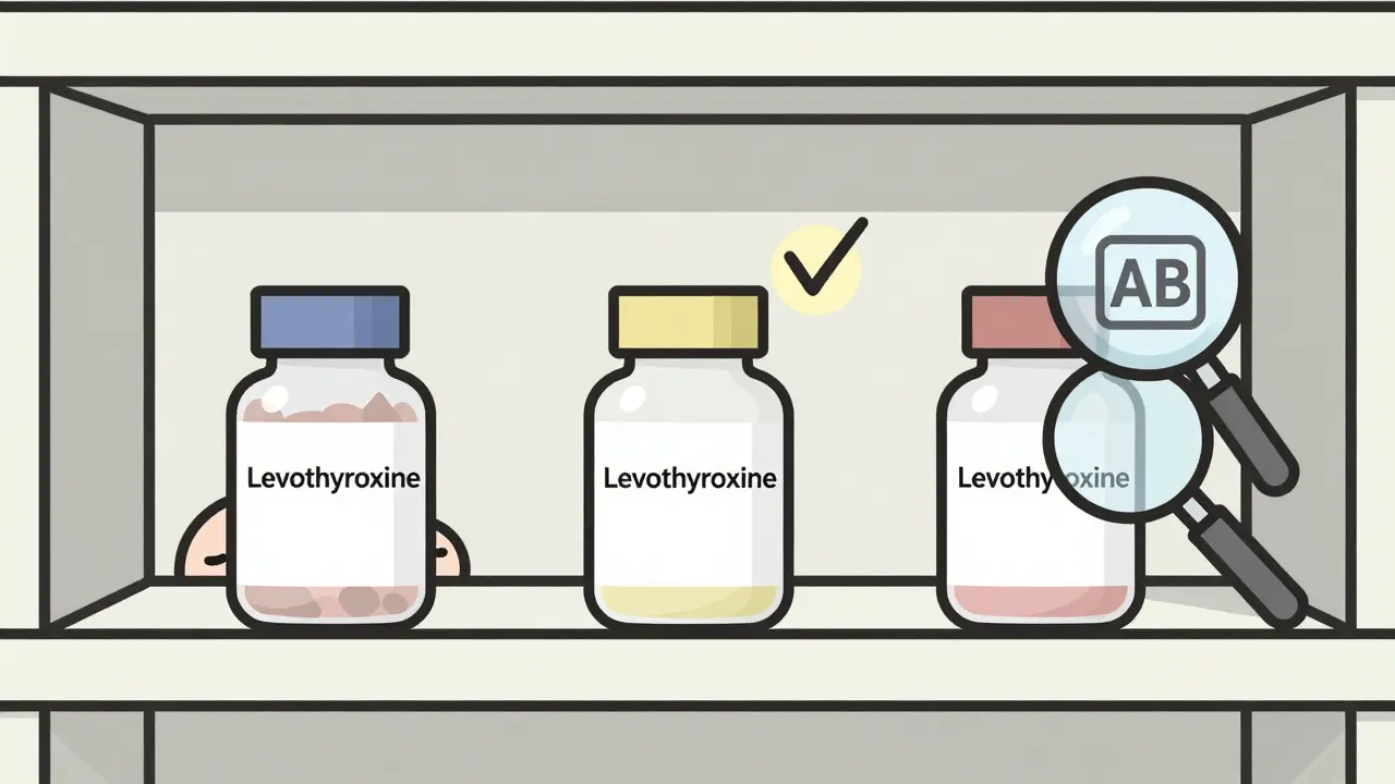 Three generic pill bottles beside FDA Orange Book with AB rating, one highlighted.