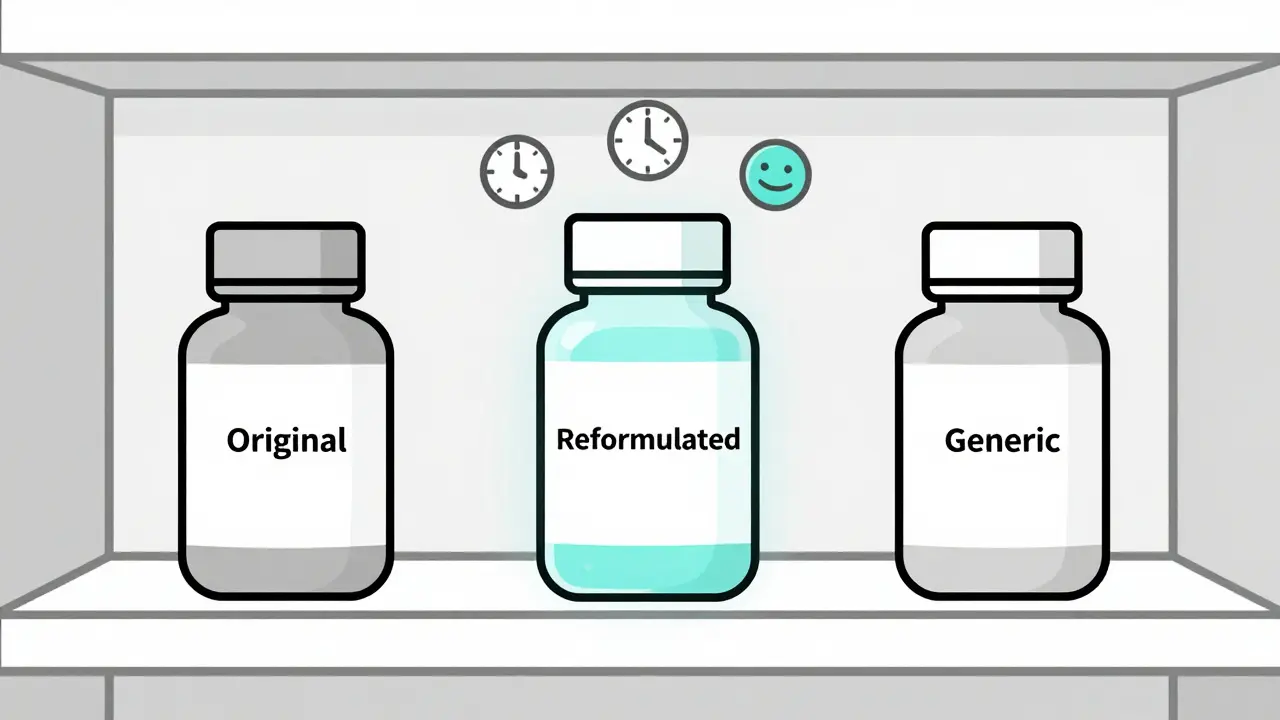 Three medicine bottles on a shelf, showing original, reformulated, and generic versions.