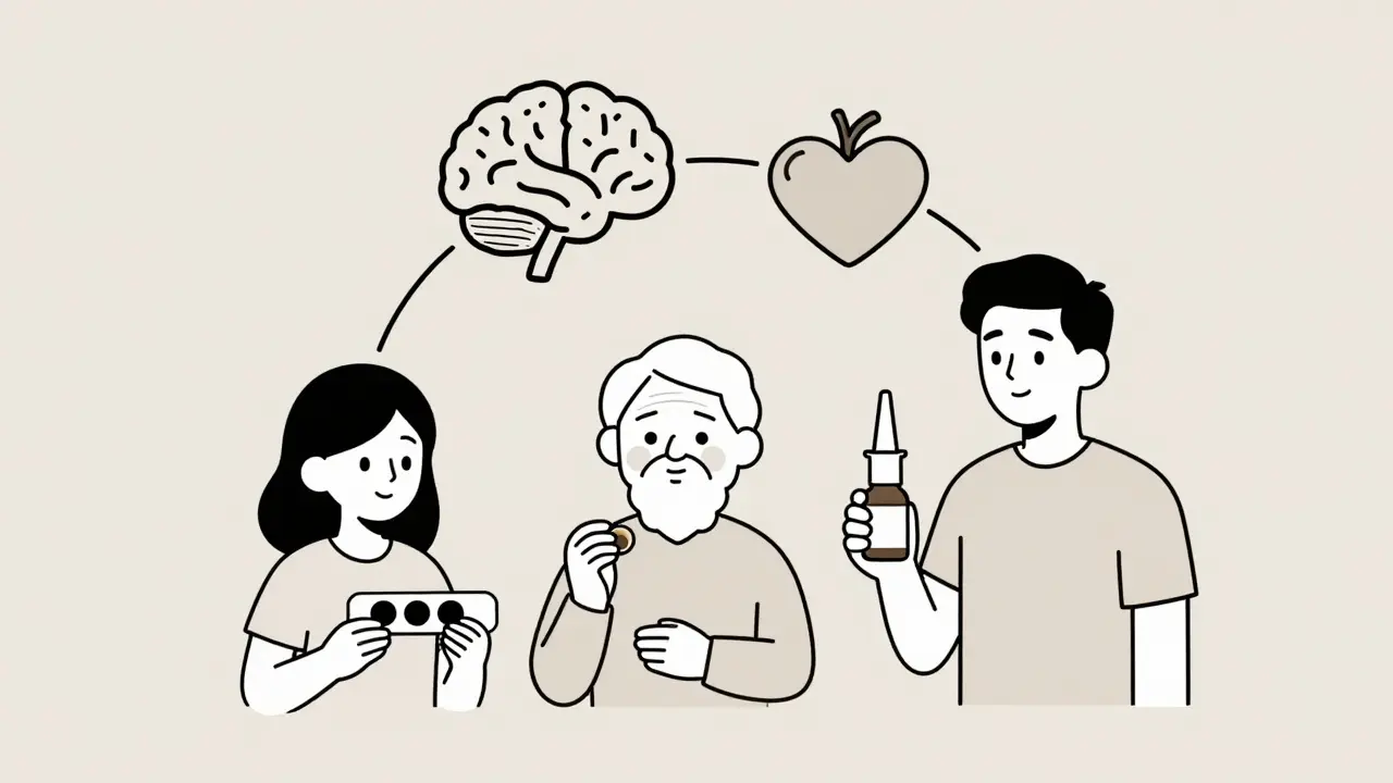 Three people using different medication forms: strip, spray, and chewable tablet.