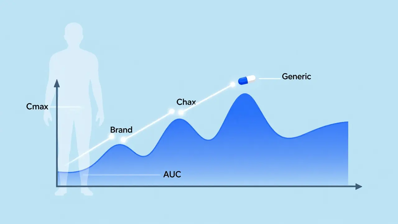 Transparent human body showing identical drug absorption curves from brand and generic pills.