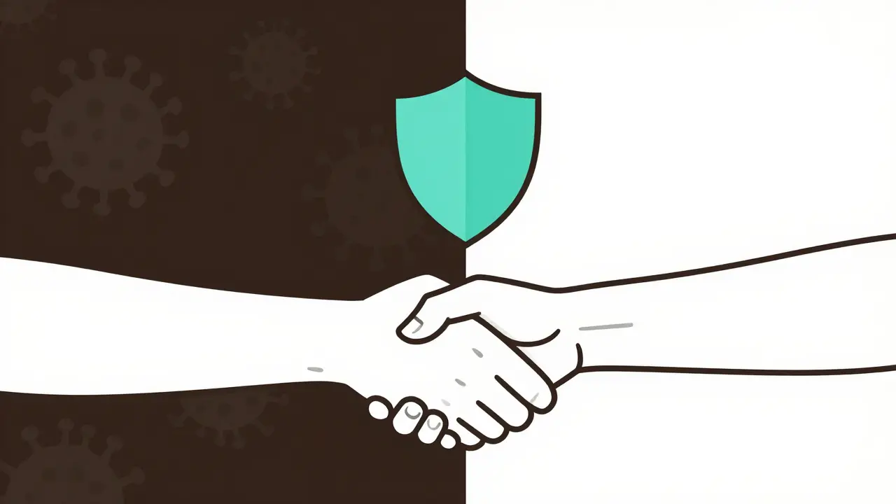 Two hands shaking with vaccine and soap, forming a shield of immunity