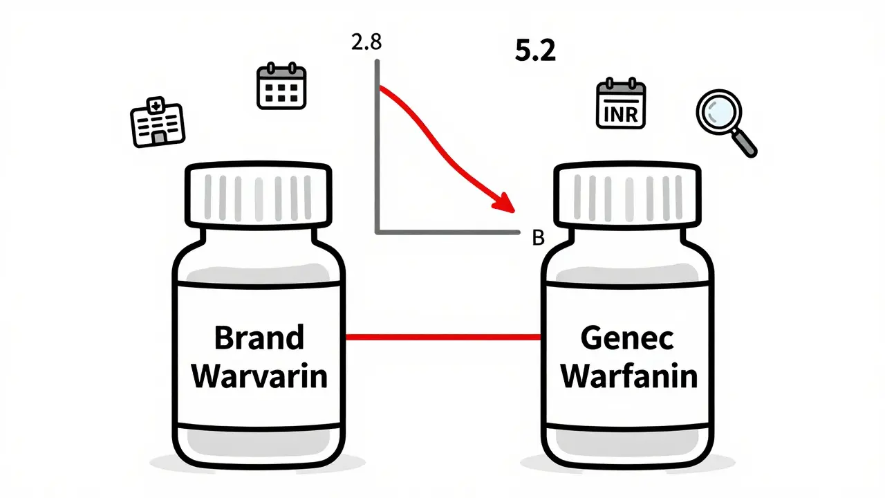 Two warfarin bottles compared with a sharp INR level drop shown as a graph