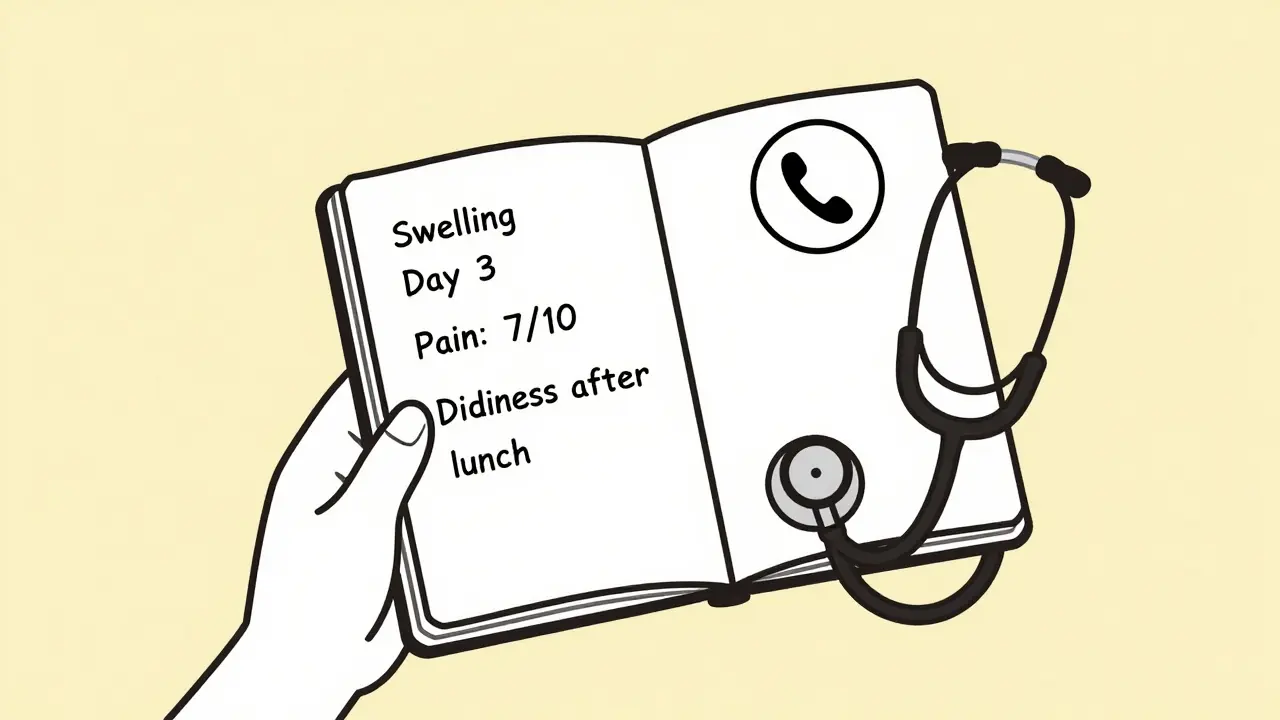 A hand writing in a side effect diary with a phone nearby, symbolizing reporting symptoms to a doctor.