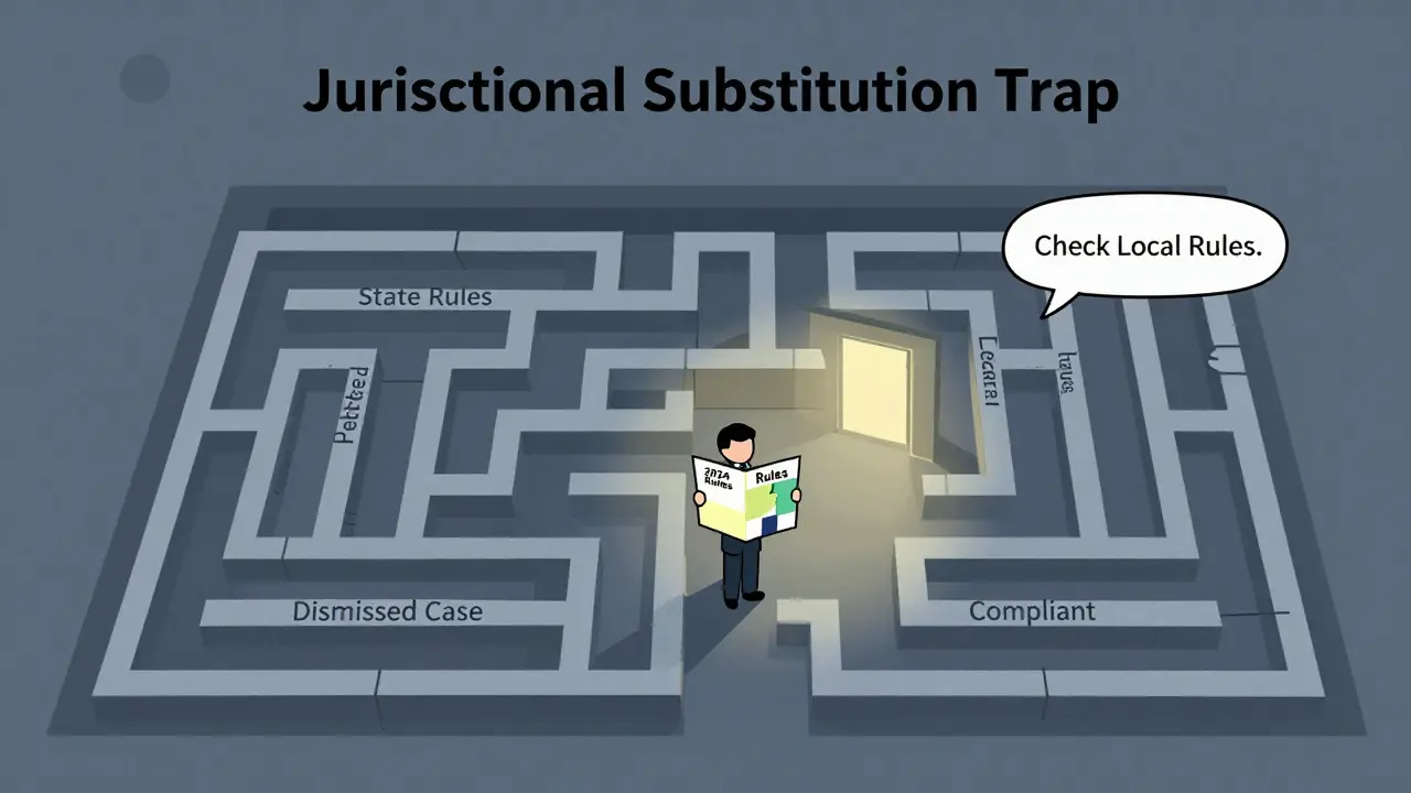 A lawyer stands at a maze fork labeled 'State Rules' and 'Federal Rules,' with one path leading to dismissal and the other to compliance.