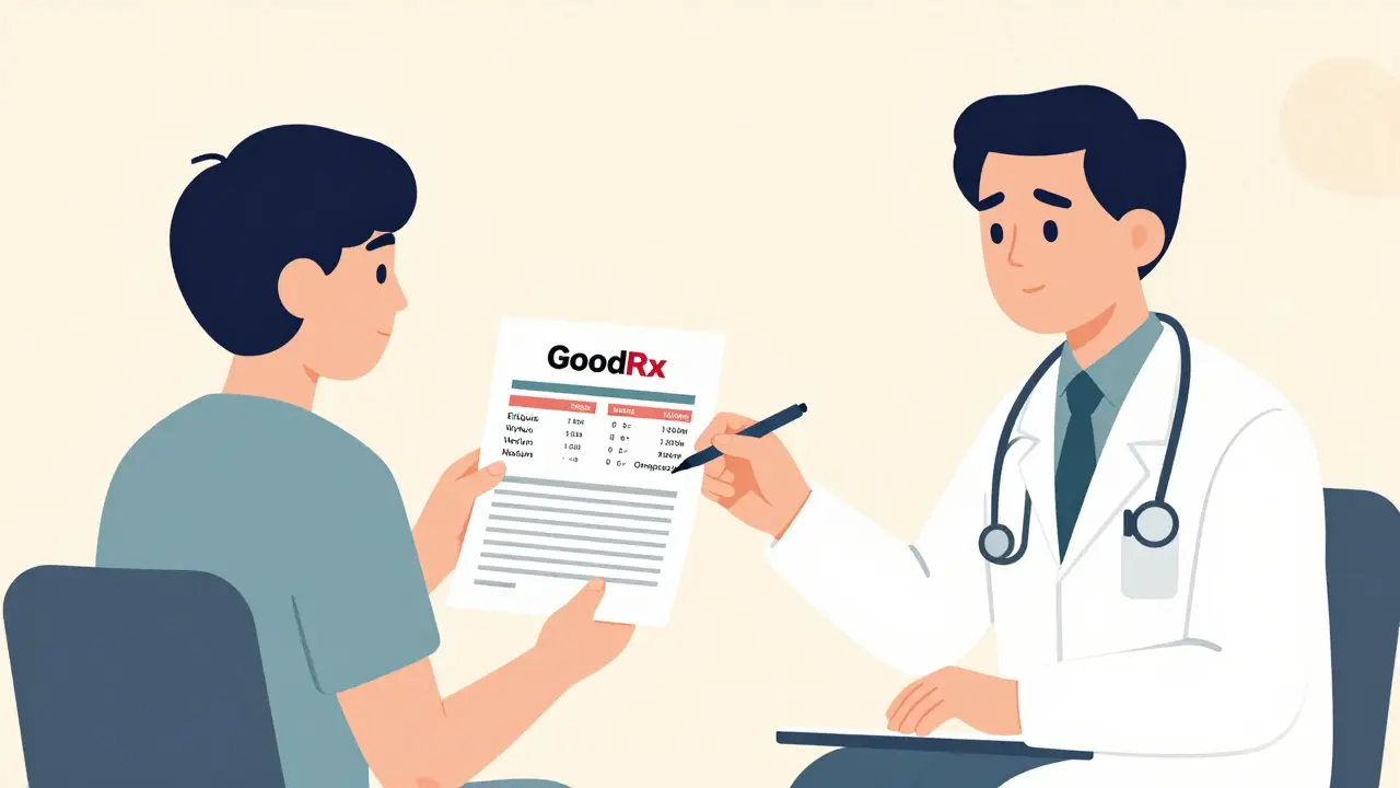 A patient and doctor reviewing a cost comparison sheet during a clinic visit, with clear drug names and prices.
