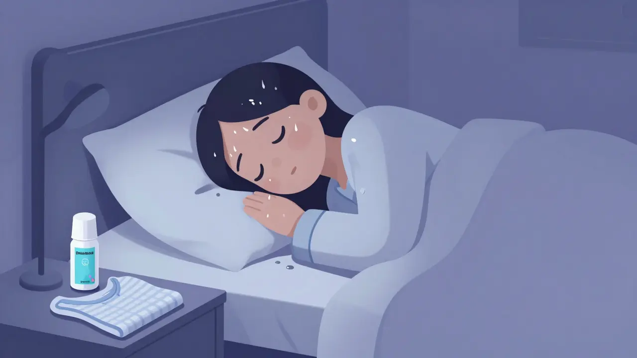 A sleep scene with soaked pajamas and pillow, next to antiperspirant and moisture-wicking clothing.