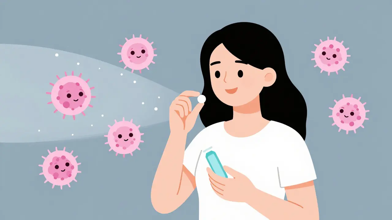 A woman using D-mannose and vaginal suppositories, with protective bacteria repelling harmful E. coli in a health-focused scene.