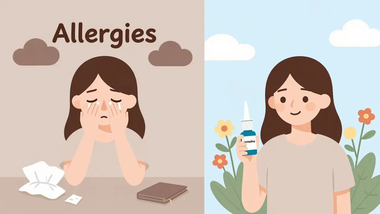 Before and after illustration of a pregnant woman managing allergies with safe medications.