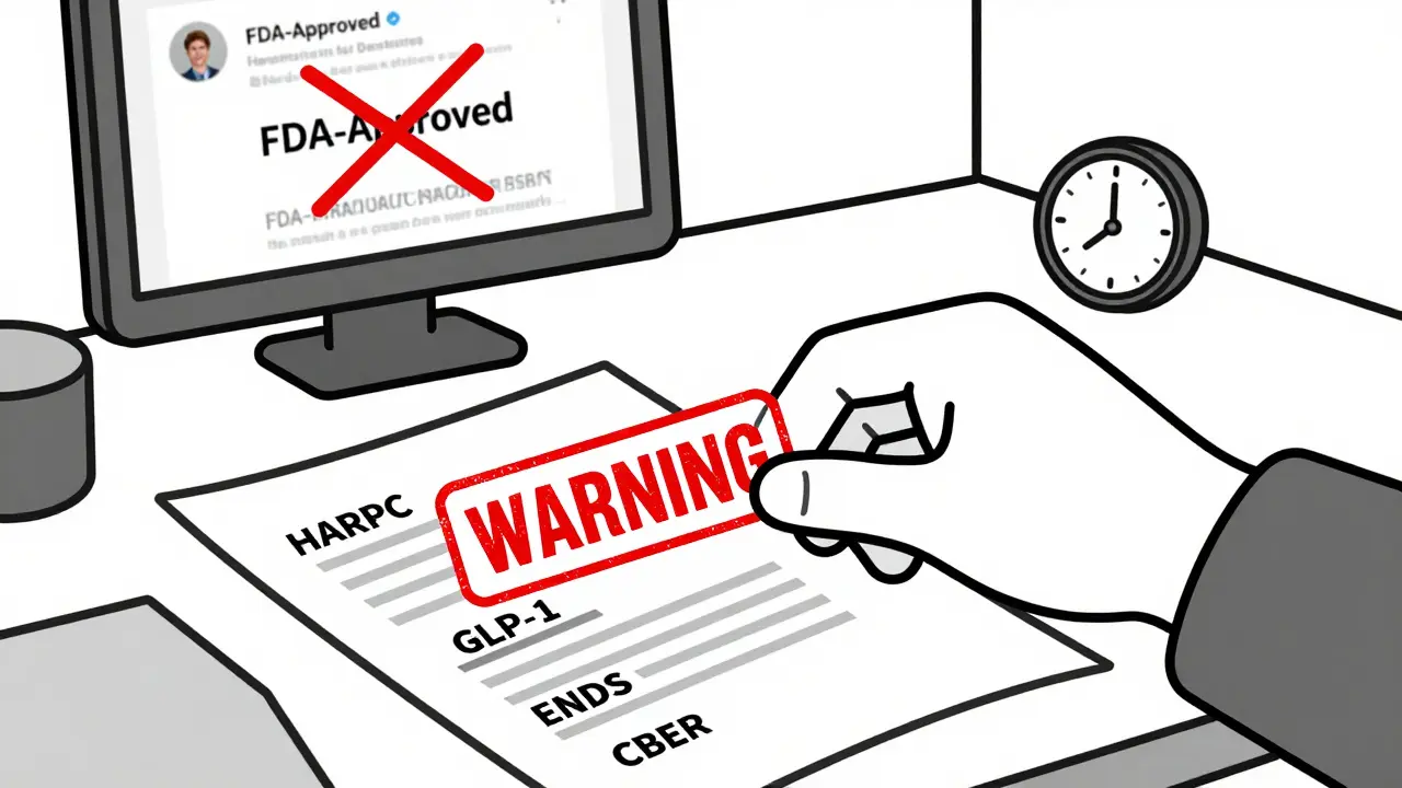 Manufacturer's desk with compliance documents stamped 'WARNING' and a false FDA claim online