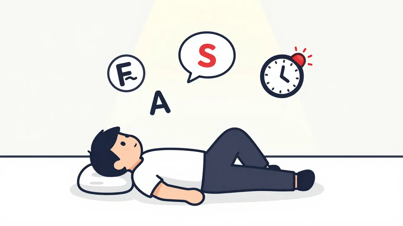 Minimalist scene of a person collapsing with FAST stroke warning symbols floating above.