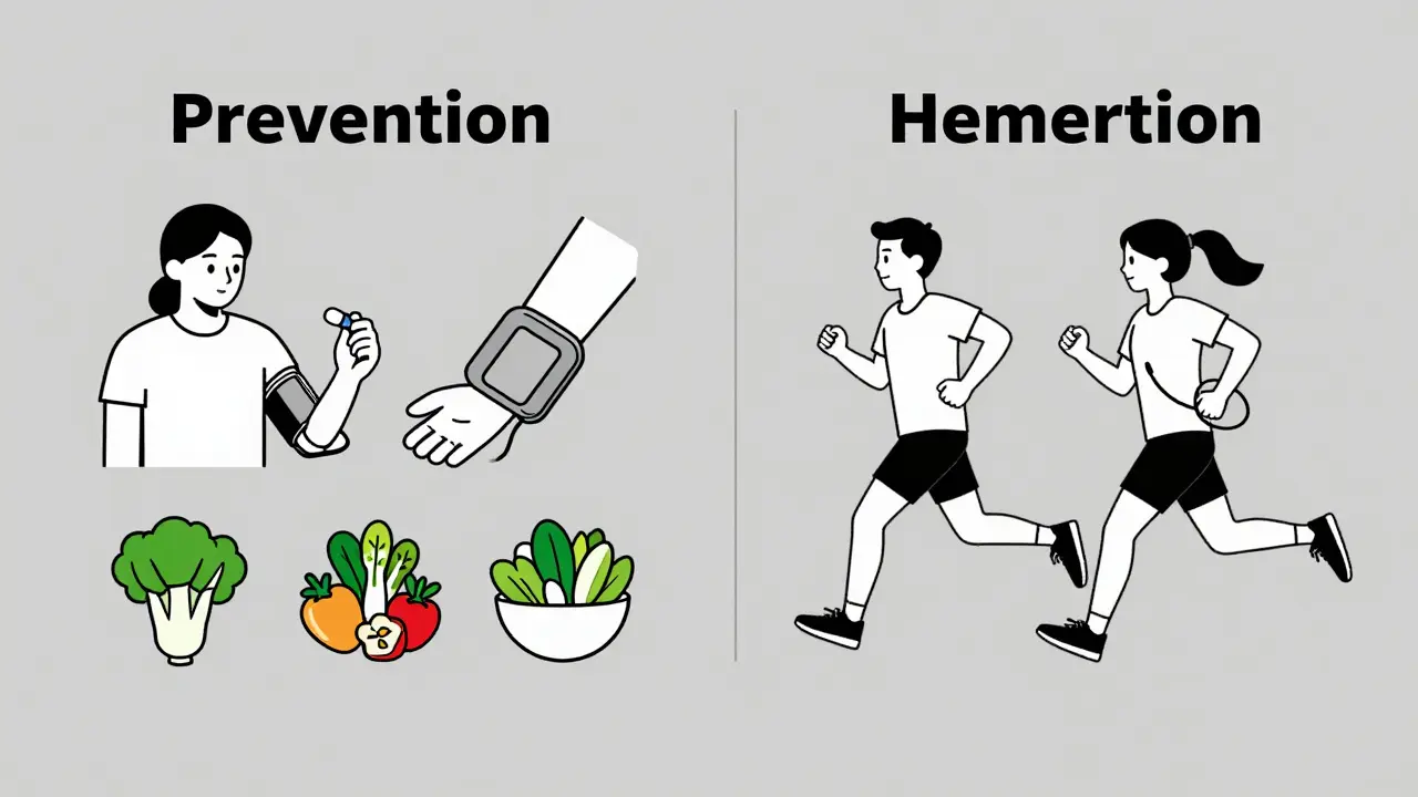 Minimalist split illustration comparing lifestyle habits that prevent ischemic and hemorrhagic strokes.