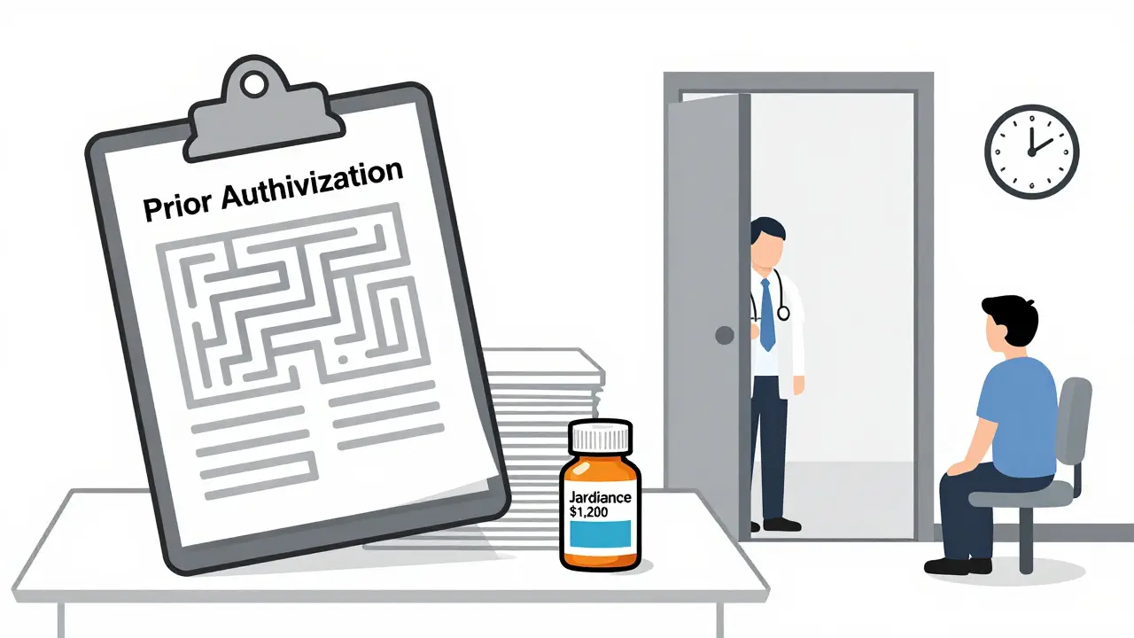 Patient waiting as prior authorization paperwork piles up, delaying access to expensive medication.