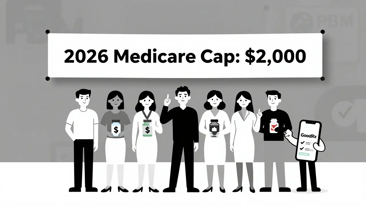 People holding pills under 2026 Medicare cost cap banner, with GoodRx app symbolizing savings.