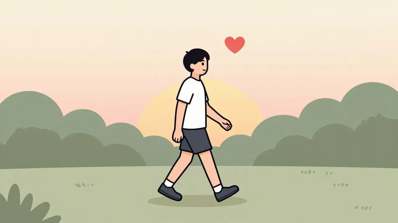 Person walking with heart icon and sunrise, minimalist style