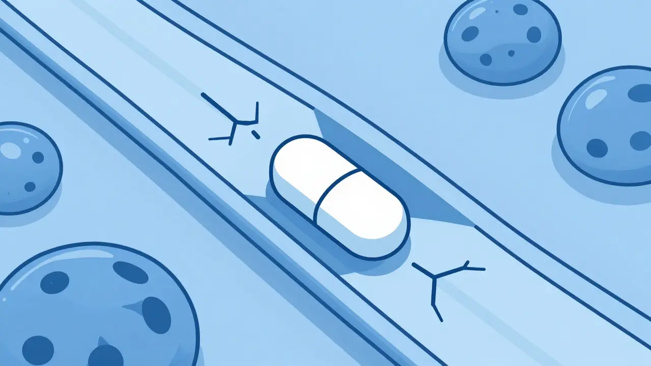 Pill blocking pathway in muscle cell causing cracks.