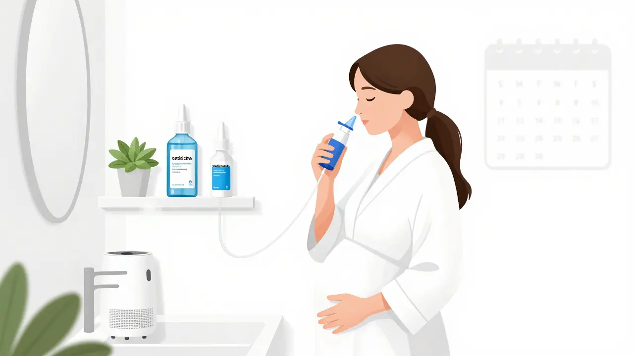 Pregnant woman using saline rinse with safe allergy medications visible on the bathroom shelf.