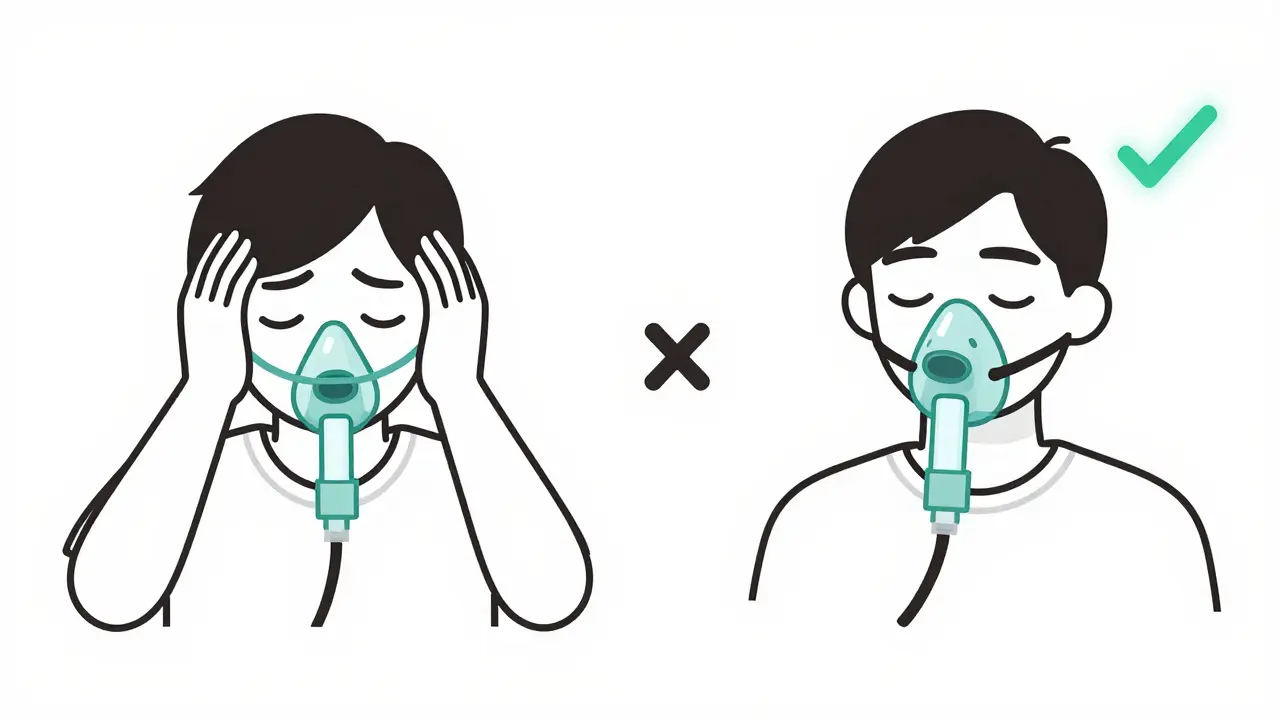 Side-by-side: ineffective nasal cannula vs. effective high-flow oxygen mask for cluster headache relief.