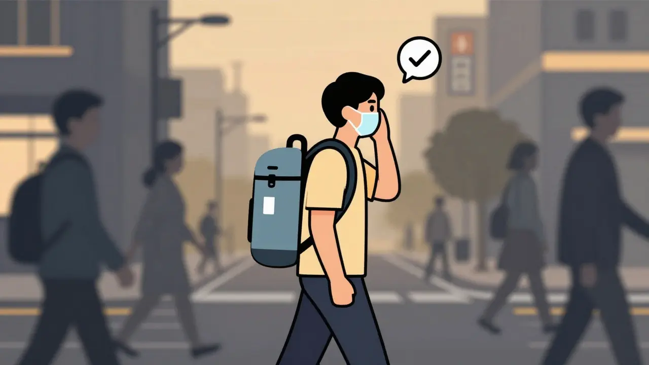 Traveler carrying portable oxygen concentrator in city, wearing mask, calm expression, minimalist urban background.