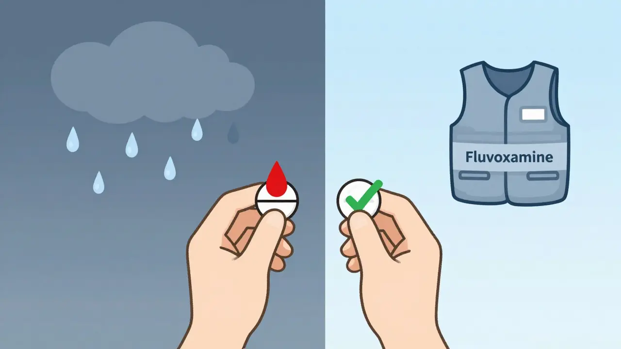 Two antidepressant pills side by side, one linked to sweating and the other to relief, with contrasting backgrounds.