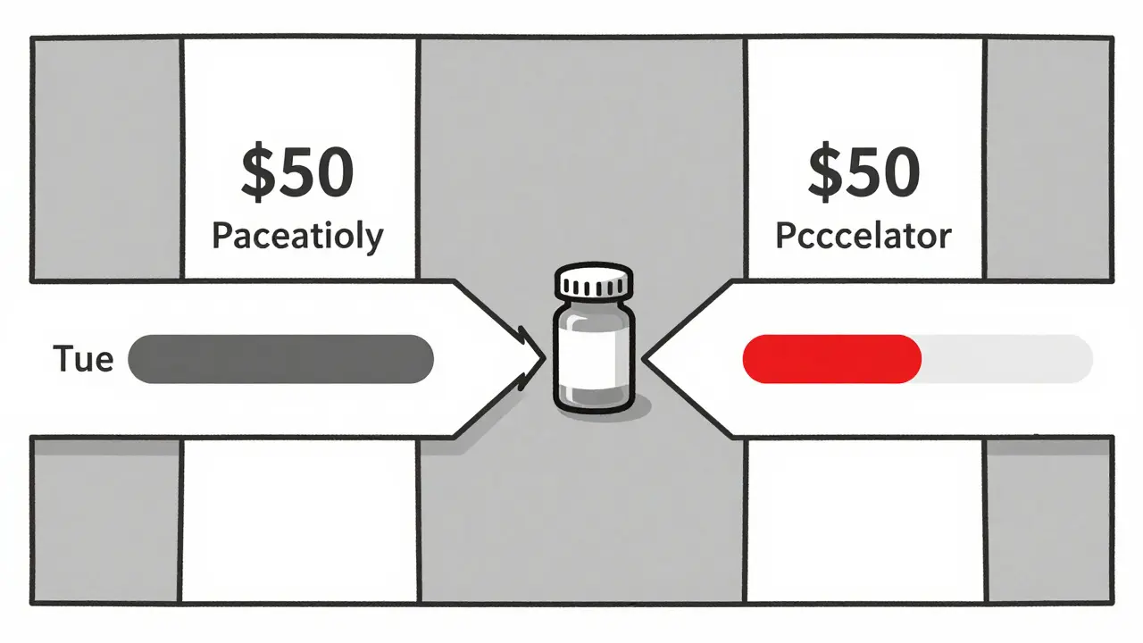 Two paths showing how copay cards either help or deceive patients in reaching insurance coverage thresholds.