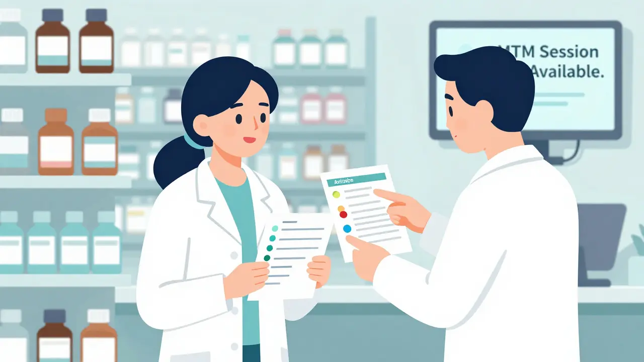 A caregiver and pharmacist reviewing medication interactions in a pharmacy setting.