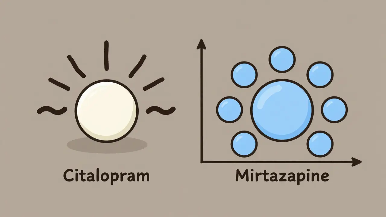 A comparison between citalopram and mirtazapine pills with risk indicators, shown in minimalist illustration.