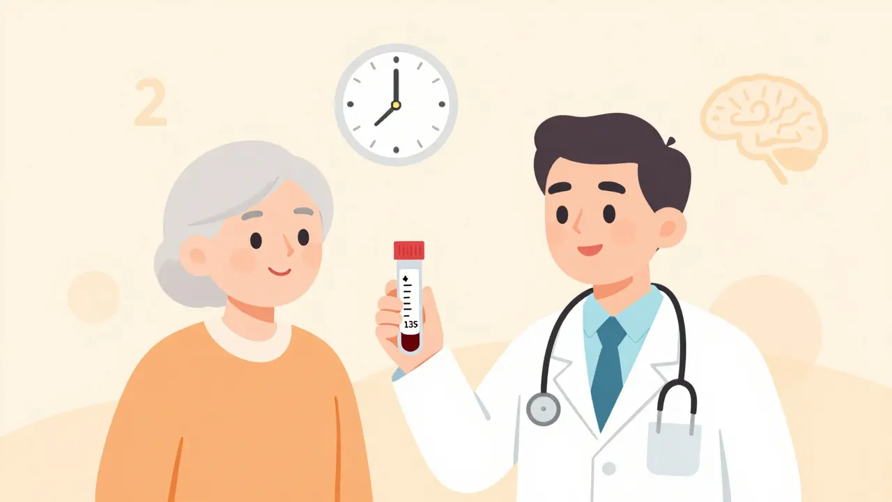 A doctor holding a blood test vial with a low sodium reading, beside a calm elderly patient in minimalist style.