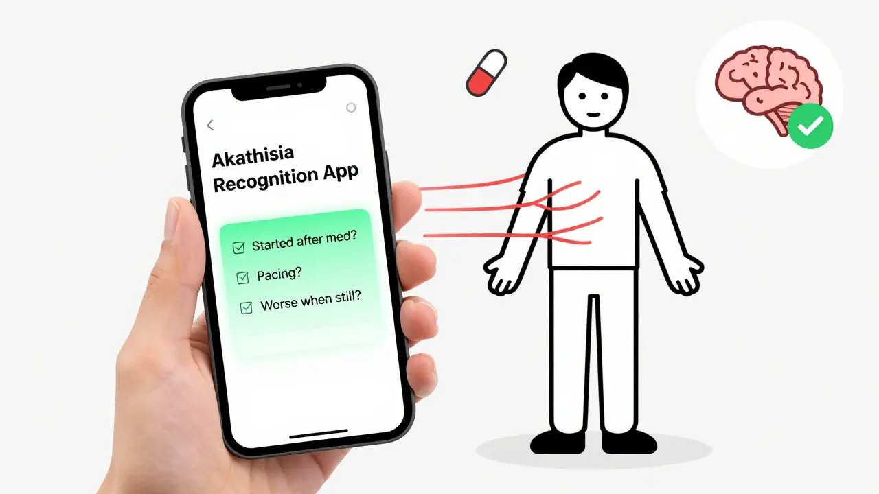 A hand holding a phone showing an akathisia recognition app, with tension lines fading from a person's body as treatment begins.