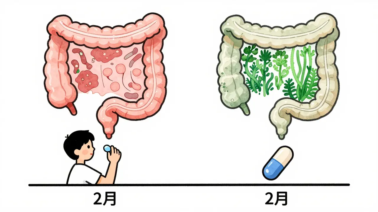 A person taking antibiotic and probiotic at separate times, with a timeline showing gut microbiome recovery differences.