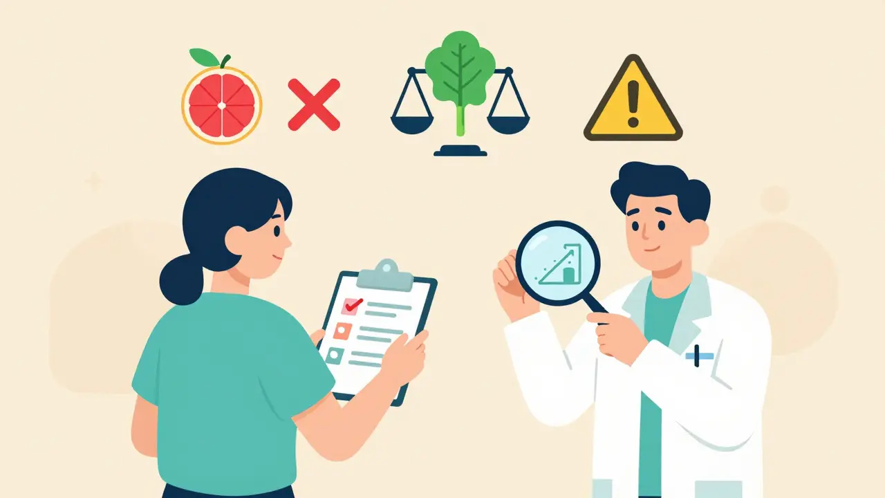 A pharmacist and patient reviewing a food-drug interaction chart with symbolic icons in a pharmacy setting.
