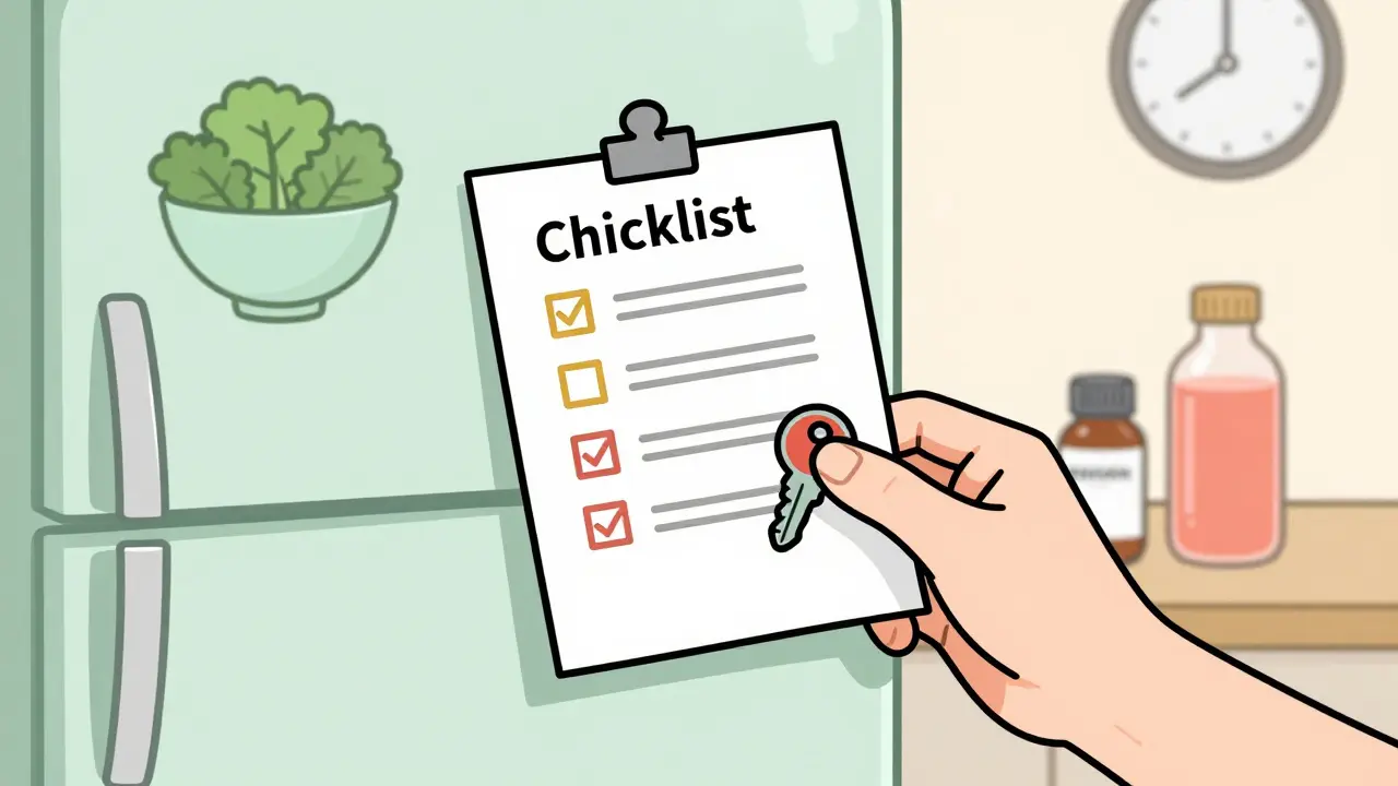 A refrigerator with a printed food-medication checklist and color-coded magnets showing dietary risks.