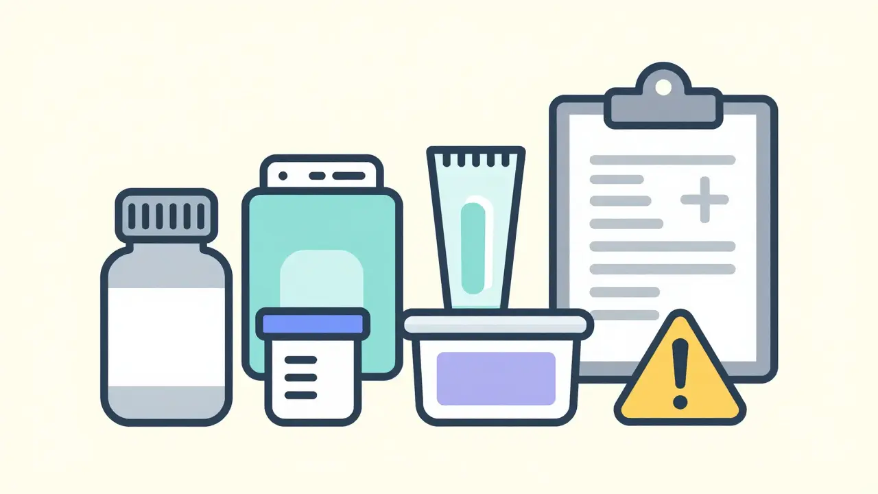 Arranged medication items and health documents for home emergency kit