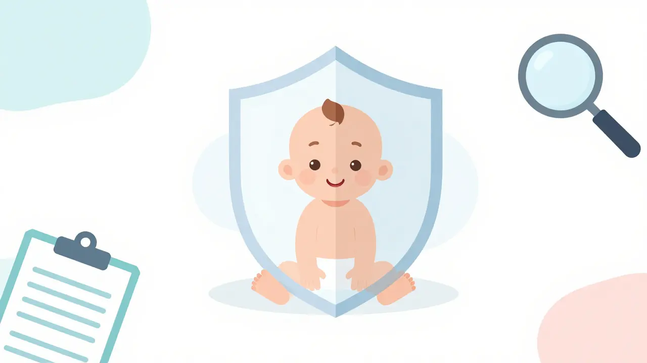 Baby protected by safety shield with medical icons