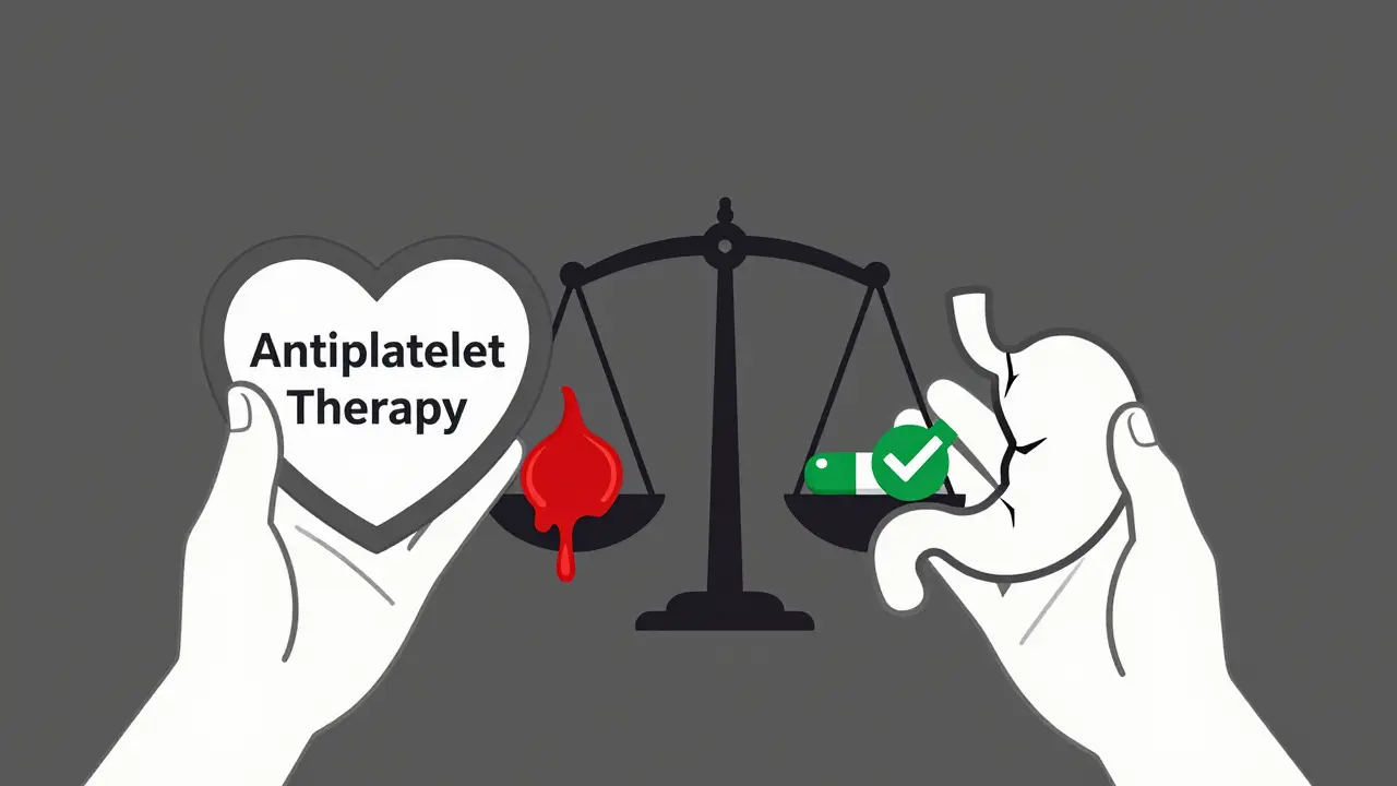 Balance scale weighing stomach bleeding risk against protective PPI pill, with heart and stomach symbols.
