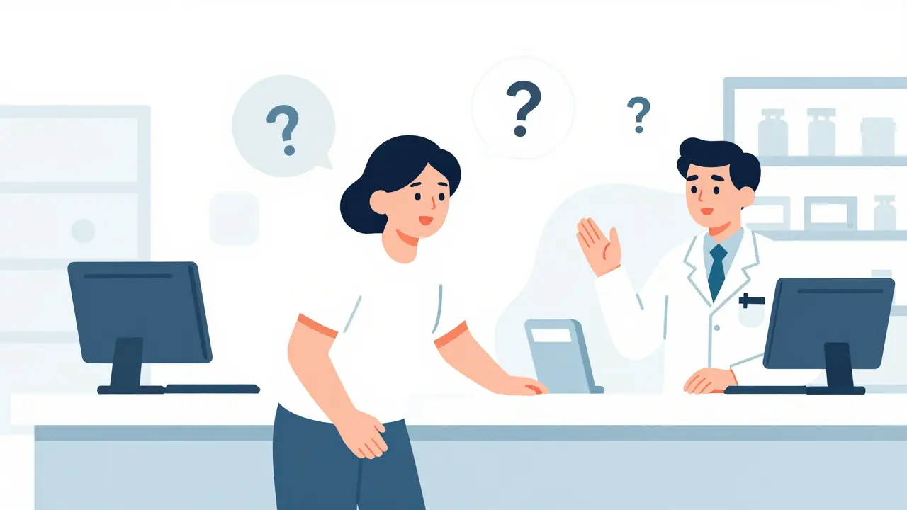 Confident patient asking questions during pharmacy pickup.