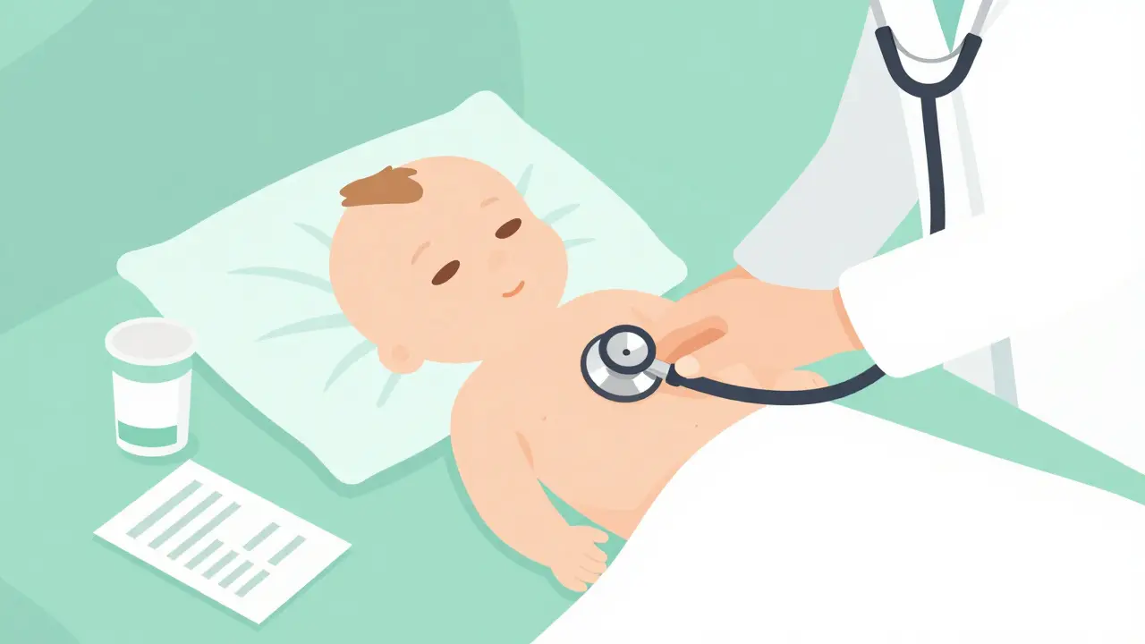 Doctor checking baby with stethoscope and medicine cup