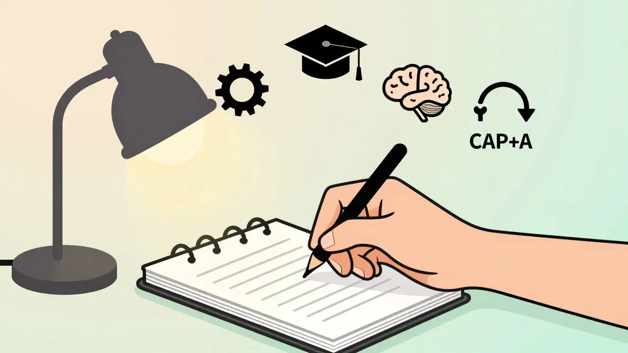 Hand writing in a logbook with floating quality control icons above.