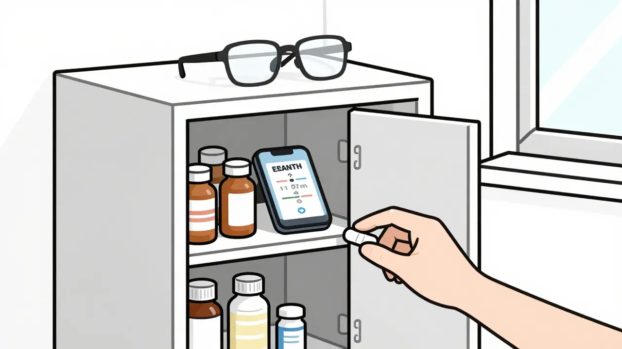 Medications stored safely in a locked cabinet with an expiration reminder on a phone.