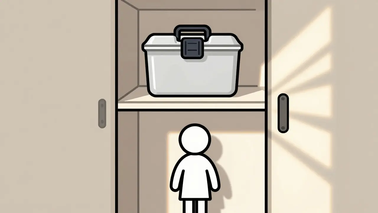 Medicine box stored on high shelf away from child