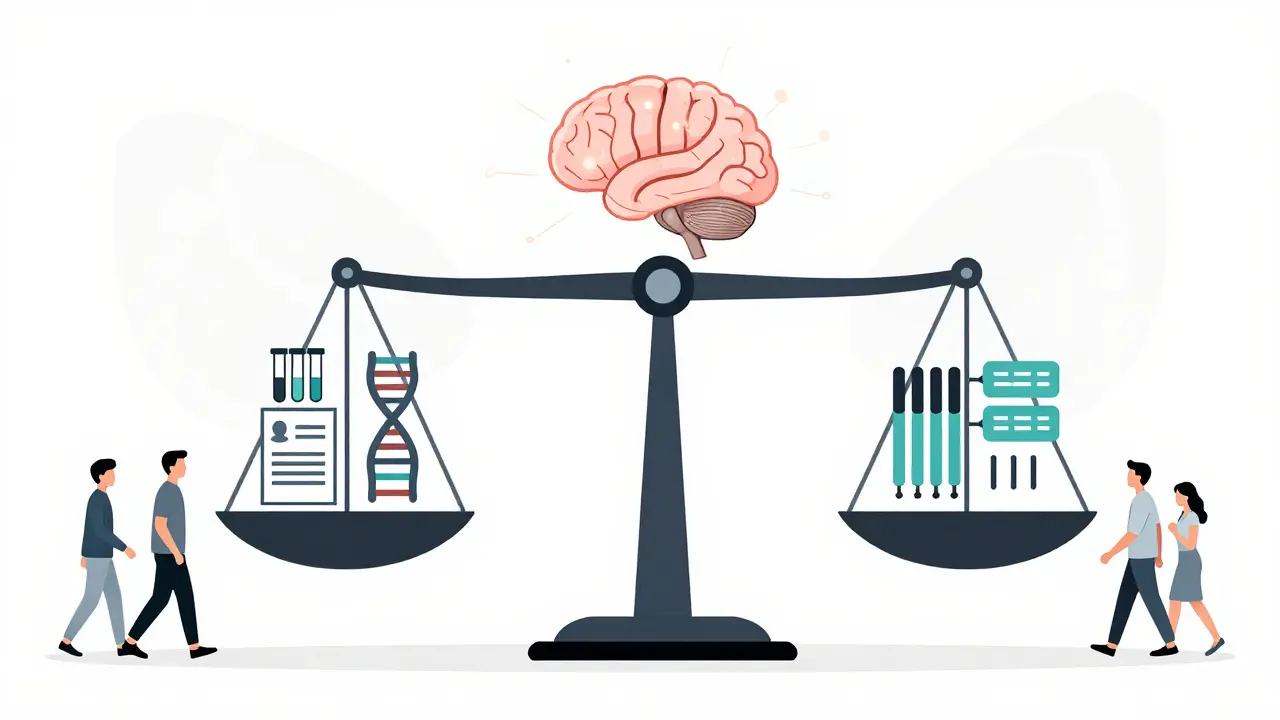 Minimalist illustration of a balance scale comparing registry and claims data, with AI connections and everyday people below.