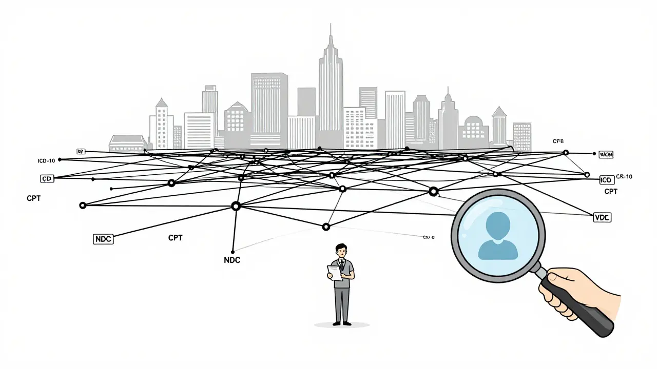 Minimalist illustration of claims data as coded tags over a city skyline, with a lone patient holding a symptom diary.