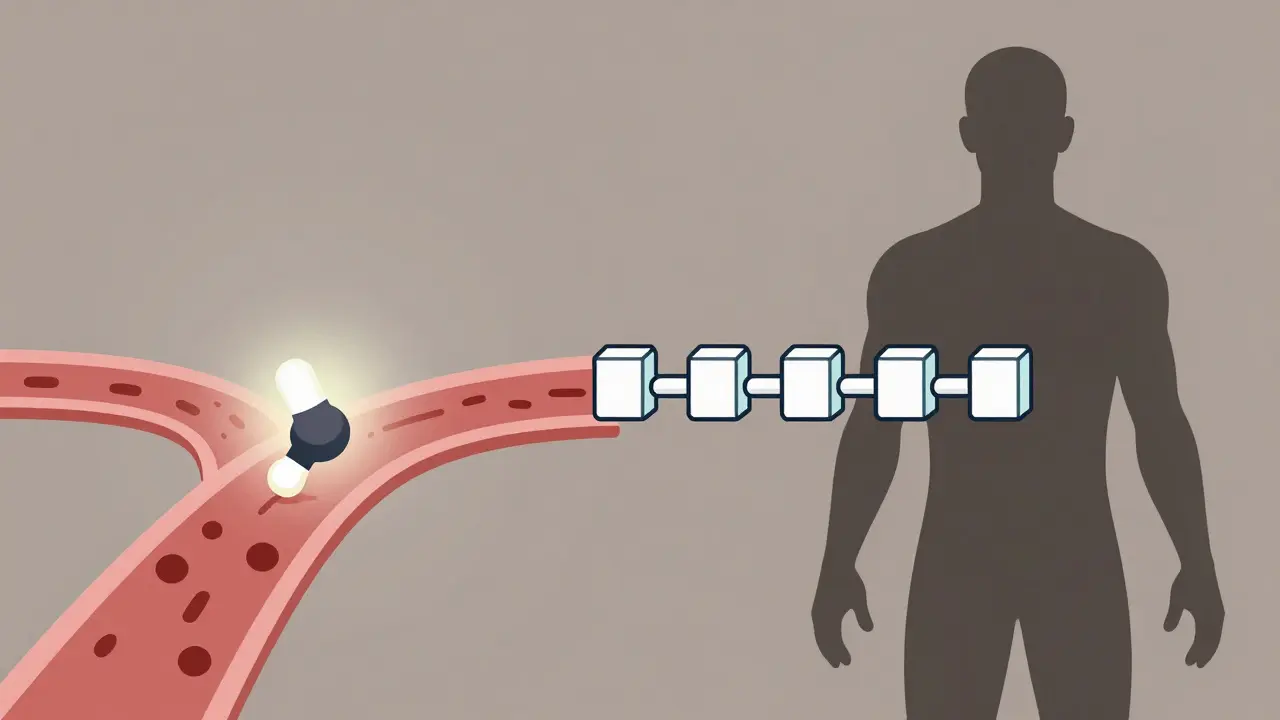 One path leads antibiotic into bloodstream, another blocked by calcium-linked dairy products.